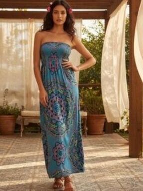 VENUS Turquoise Strapless Maxi Dress with Mandala Print Size XS